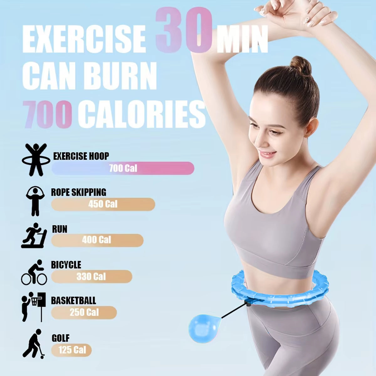 21/24/27/30 Knots Blue Weighted Hula Circle Sport Hoops Weight Loss plus Size Smart Exercise Adjustable with Detachable Knots