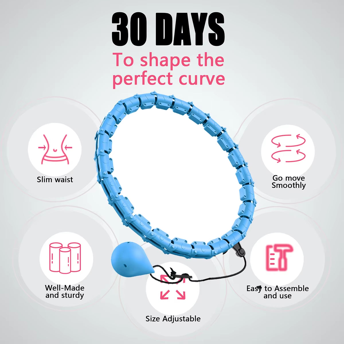 21/24/27/30 Knots Blue Weighted Hula Circle Sport Hoops Weight Loss plus Size Smart Exercise Adjustable with Detachable Knots