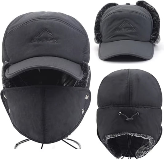 2Pcs/Set Winter Trapper Hat 3 in 1, Thermal Lined Ear Flap Face Cover for Skiing Motorcycle Hunting, Windproof Cold Headwear